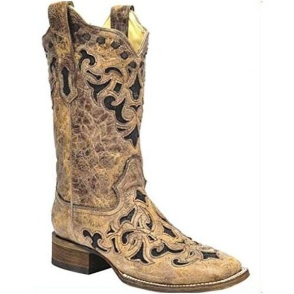 Corral Women's Cowboy Boots US 10M Square Toe Tan Leather Glitter Cutouts A3183 - Picture 1 of 15